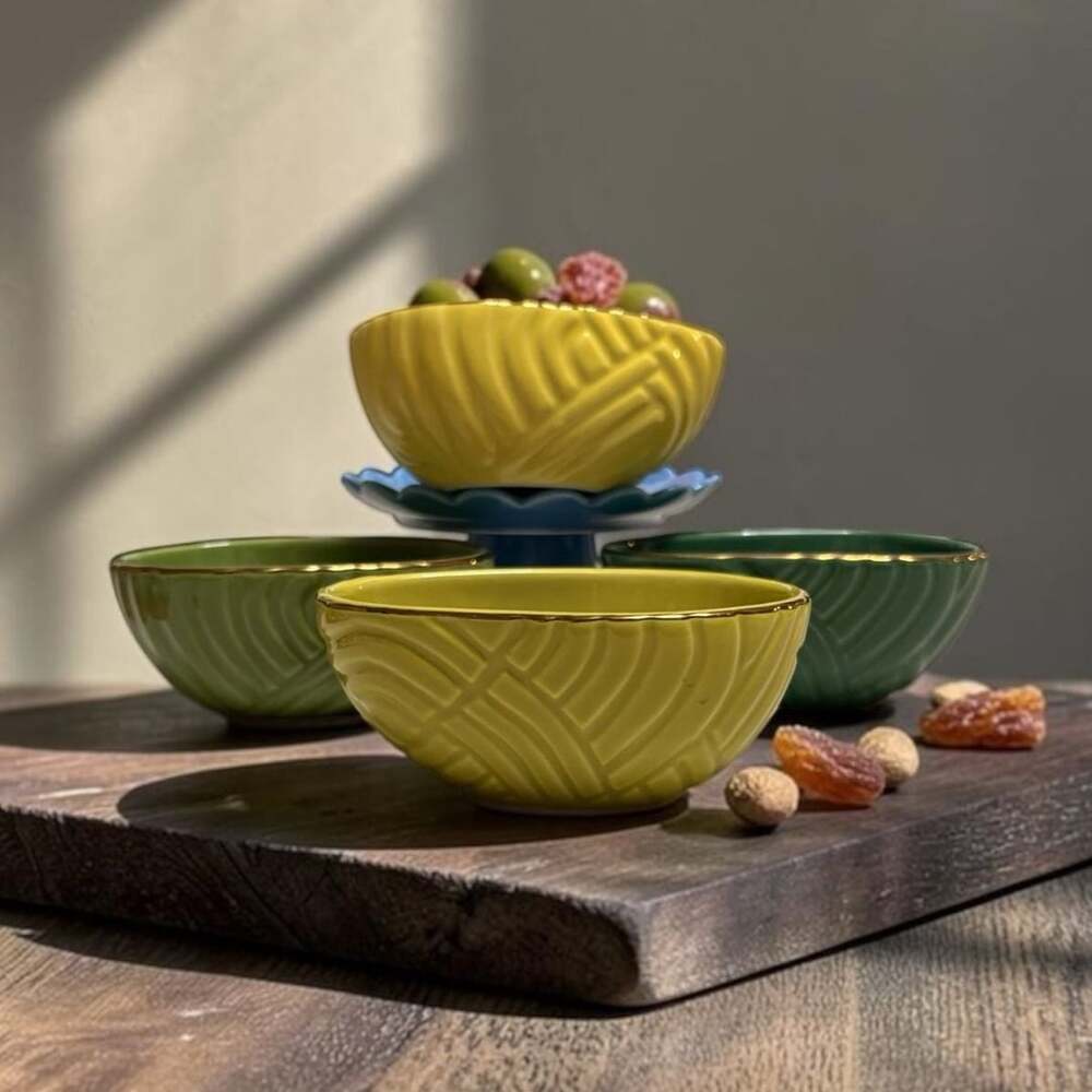 New Tabitha Brown Target Stoneware Avocado Dip Bowls X 4 Discontinued, Gold Trim
